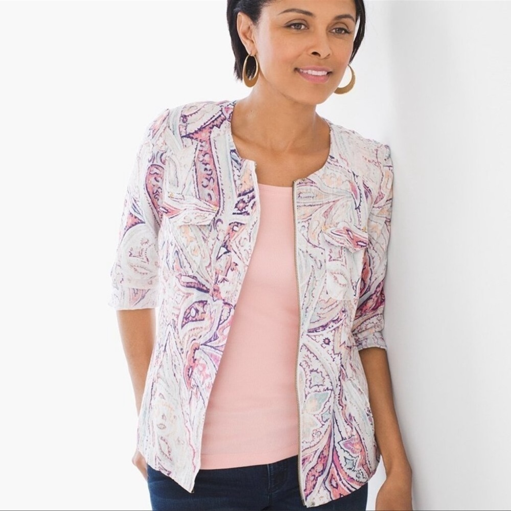 Chico’s Paisley Multi Print 100% Linen 3/4 Sleeves Jacket Women’s Size 2 (L-12)